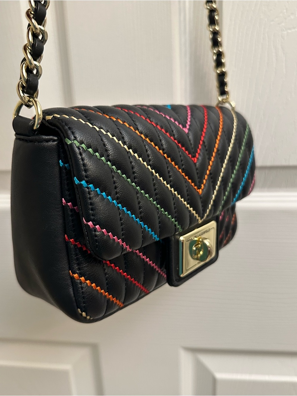 Karl Lagerfeld Black Quilted Crossbody Bag with Multicolor Stitching - Picture 3 of 16